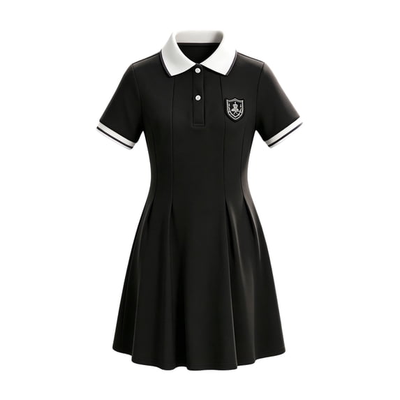 Girls School Uniform Dress Elegant School Style Girl Dress with Color Contrast Collar Defined Waist for Everyday Casual Campus Wear Girls Black 11 Years