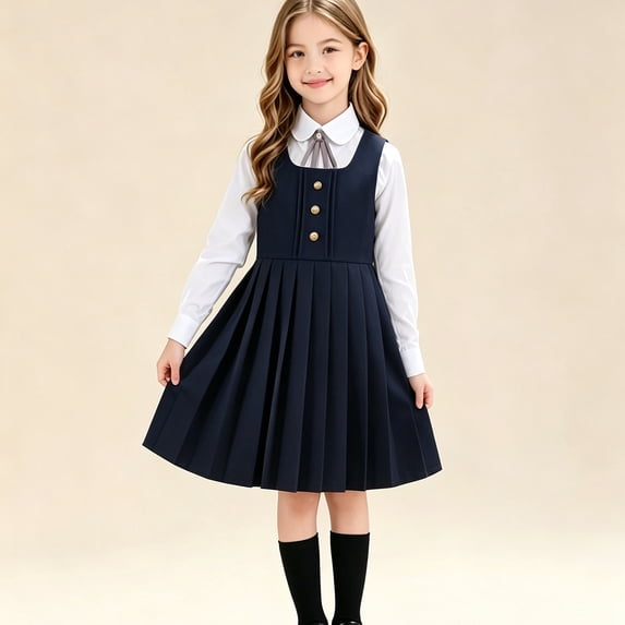 Girls School Uniform Dresses Sleeveless Jumper Dress Casual Crew Neck A-Line Girls Clothes Pleated Dress Dark Blue