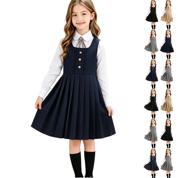Girls School Uniform Dresses Sleeveless Jumper Dress Casual Crew Neck A-Line Trendy Pleated Dress Dark Blue