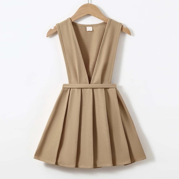 Girls School Uniform Jumper Dress, Preppy Skirt Dress, Back to School Outfits Pinafore Dress with Pockets for Toddler Little & Big Girls (Khaki,6-7 Years)