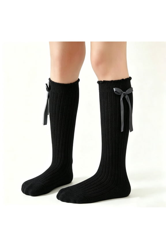 Girls School Uniform Knee High Socks, Ribbed Solid Blue with Bow, for Kids & Big Kids,Size 2-3T