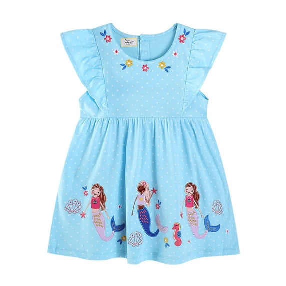 Girls School Uniform Lightweight Ruffle Ruched Flutter Sleeve Crew Neck Cartoon Print Dress Back-To-School Girls Dresses 2 Years