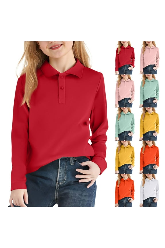 Girls' School Uniform Long Sleeve Polo Shirt, Button Closure, Soft Pique Fabric Orange 140