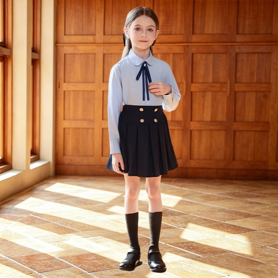 Girls' School Uniform Outfit 3 Piece Set with Long Sleeve Button Down Shirt and Pleated Skirt,3-18 Years