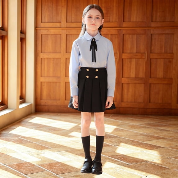 Girls' School Uniform Outfit 3 Piece Set with Long Sleeve Button Down Shirt and Pleated Skirt,3-18 Years
