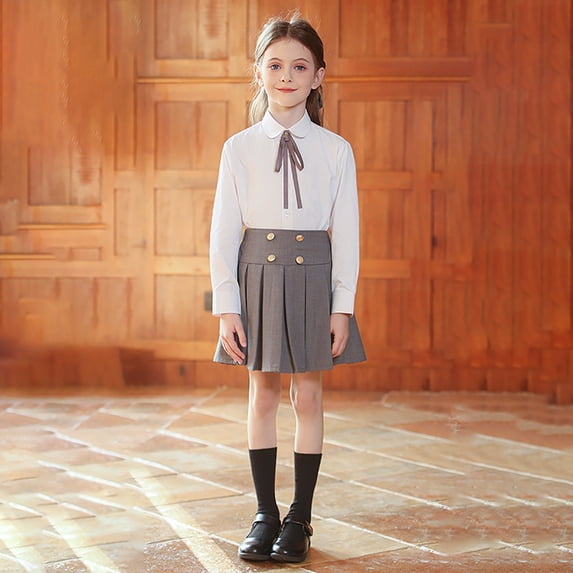 Girls' School Uniform Outfit 3 Piece Set with Long Sleeve Button Down Shirt and Pleated Skirt,3-18 Years