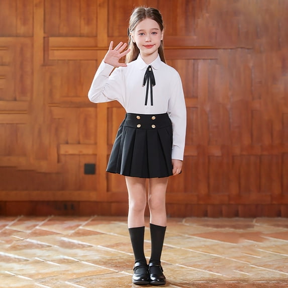 Girls' School Uniform Outfit 3 Piece Set with Long Sleeve Button Down Shirt and Pleated Skirt,3-18 Years