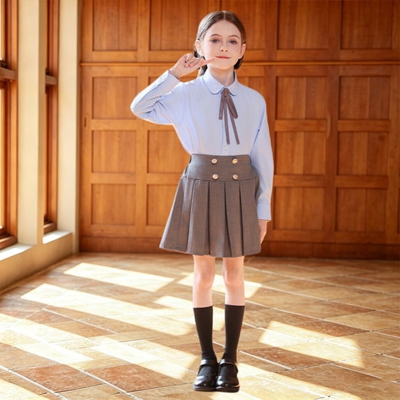Girls' School Uniform Outfit 3 Piece Set with Long Sleeve Button Down Shirt and Pleated Skirt,3-18 Years