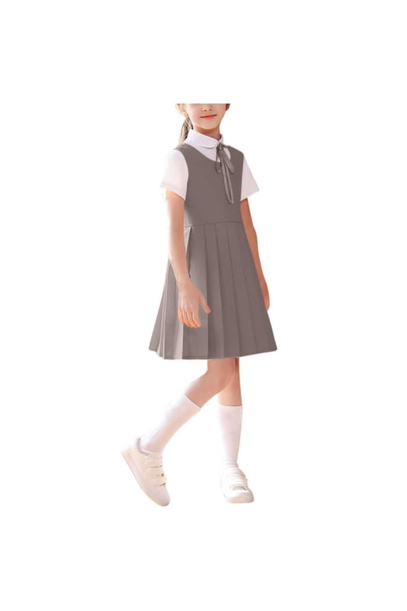 Girls School Uniform Overall Dress Outfits Pleated Jumper Skirtall Dress Short Sleeve Shirt with Bow Tie Three-piece Set 3-15Y