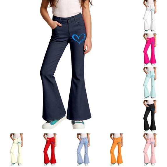 Girls School Uniform Pants Bell Bottoms for Girls Flare Pants Athletic Leggings for Cancer Awareness Month Campaign 7-8 Years
