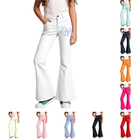 Girls School Uniform Pants Elastic High Waisted Flare Dress Pants Bell Bottoms for Cancer Awareness Month Campaign 15-16 Years