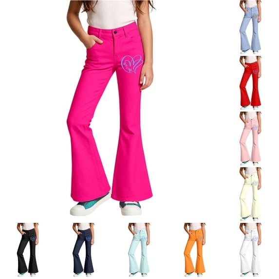 Girls School Uniform Pants Elastic High Waisted Flare Dress Pants Bell Bottoms for Cancer Awareness Month Campaign 15-16 Years