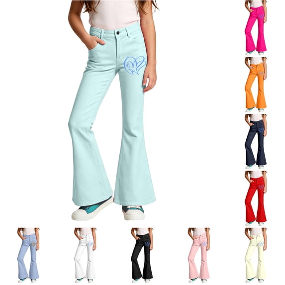 Girls School Uniform Pants Elastic High Waisted Flare Dress Pants Bell Bottoms for Cancer Awareness Month Campaign 5-6 Years