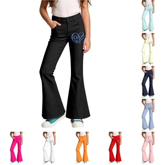 Girls School Uniform Pants Elastic High Waisted Flare Dress Pants Bell Bottoms for Cancer Awareness Month Campaign 9-10 Years