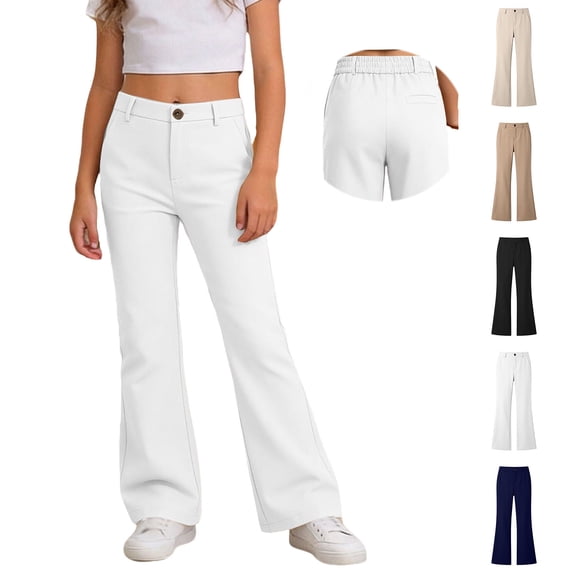 Girls School Uniform Pants Elastic Waist Front Zipper Flared Leg White Uniform Pants Back to School Clothes Size 5-16 Years