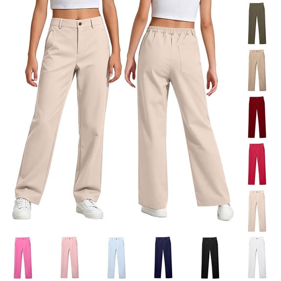 Girls School Uniform Pants Elastic Waist Straight Beige Uniform Pants Boys Back to School Clothes Size 5-14 Years