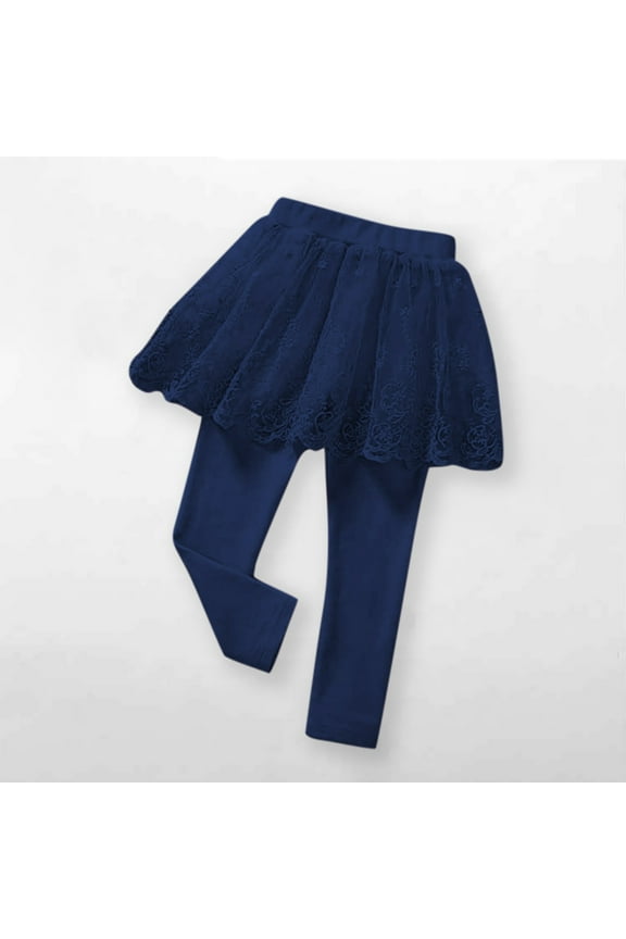 Girls School Uniform Pants, Footless Leggings with Lace Ruffle Tutus Skirts Tights Plus Size Cargo Pants Navy 6Y