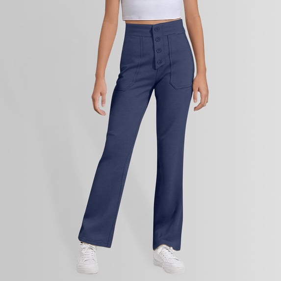 Girls School Uniform Pants High Elastic Skinny Fit Straight Leg Pull On Ponte Leggings Trousers Kids Navy