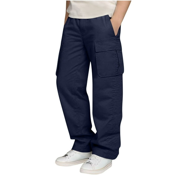 Girls School Uniform Pants New Boys and Children Sports Cargo Sweatpants Stretch Elastic Waist School Kids Twill Joggers Pants Navy 150
