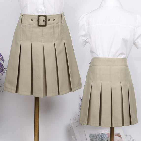 Girls' School Uniform Pleated Pull-on Khaki Skater Skirt Adjustable Waist Uniform Skirts 16-17 Years