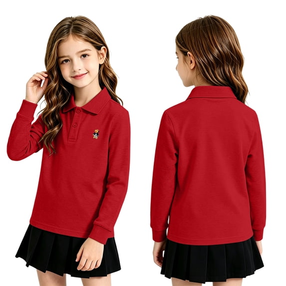 Girls School Uniform Polo Dress Long Sleeve Pique Polo Shirt with Collar Button Down Girls School Uniform Moisture-Wicking Classic Girls Top