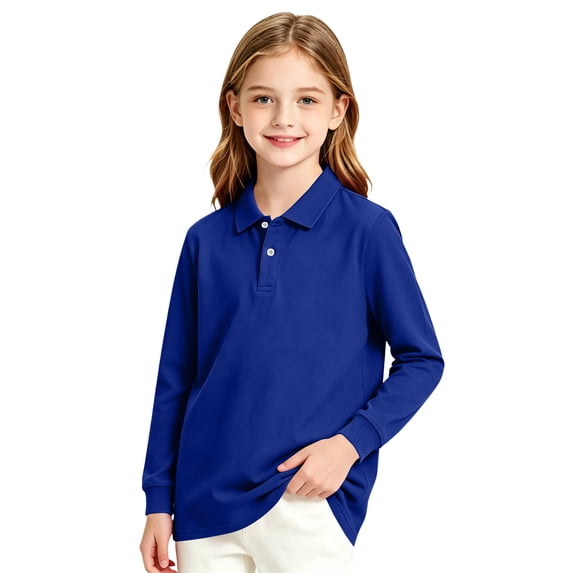 School Uniform for Girls Long Sleeve Pique Polo Shirt with Collar Button Down Girls School Uniform Moisture-Wicking Comfort Girls Pullover