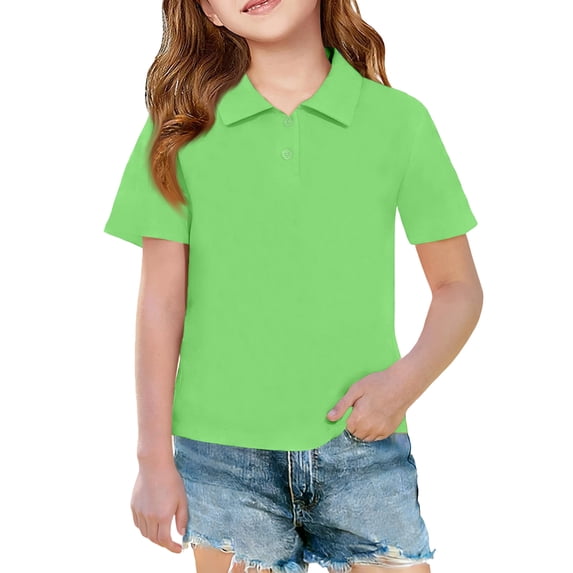 Girls School Uniform Polo Shirt, Classic Button Down Collared Polos Short Sleeve Soft Quick Dry Daily Casual Tops