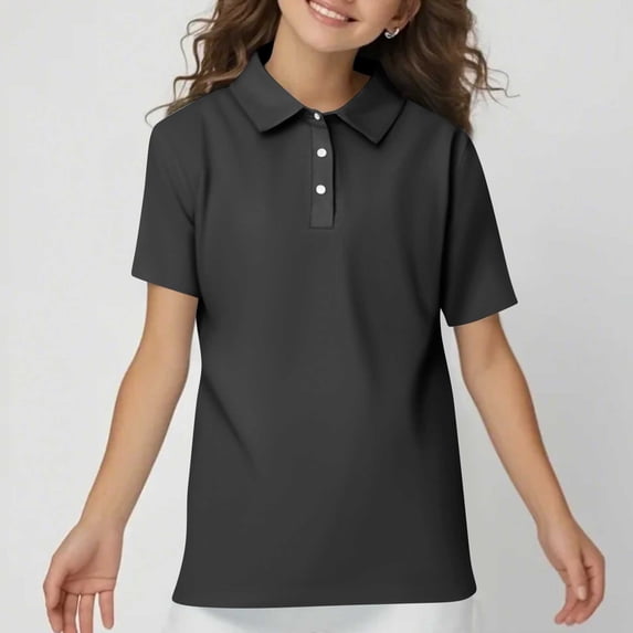 Girls School Uniform Polos Shirts Short Sleeve Button Collared Golf Summer Tops Dark Gray 110