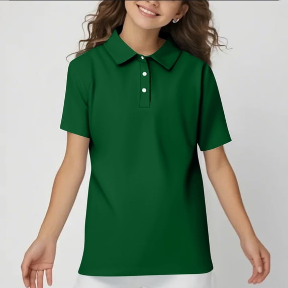 Girls School Uniform Polos Shirts Short Sleeve Button Collared Golf Summer Tops Dark Green 110