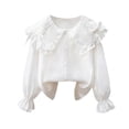 thumbnail image 1 of Girls' School Uniform Shirt Kids Puff Long Sleeve Ruffled Collar Shirts Button Down Casual Ruffle Tops for 3-14Y, 1 of 8
