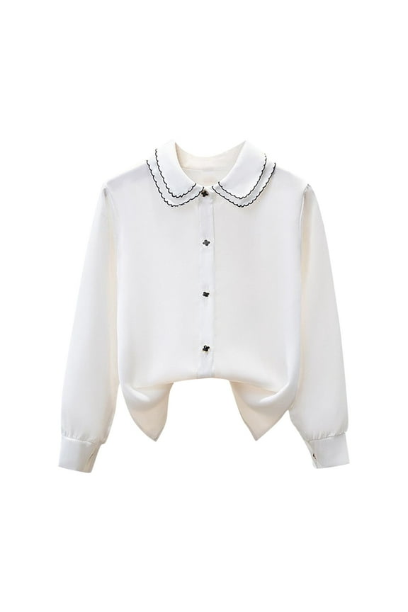Girls School Uniform Shirt Kids Summer Ruffle Button Down Long Sleeve Cotton Oxford Blouse 13-14 Years White