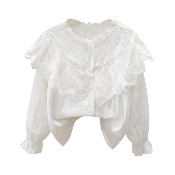 Girls School Uniform Shirt Kids Summer Ruffle Button Down Long Sleeve Cotton Oxford Blouse 6-7 Years White A