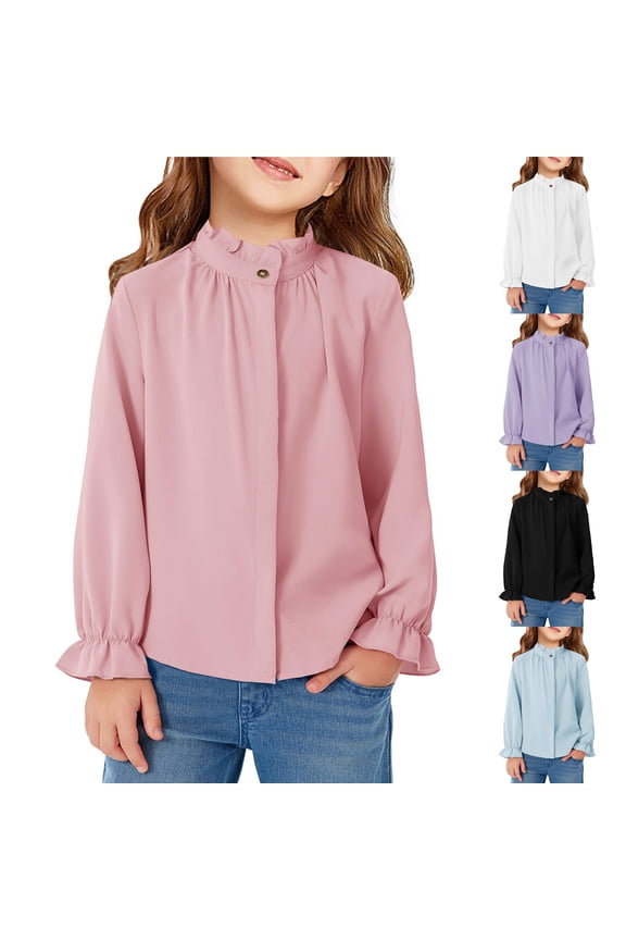 Girls School Uniform Shirts Ruffle Neck Cuffs Button Down Shirt Formal Long Sleeve Mock Neck Plain Base Layer Top Pink 140