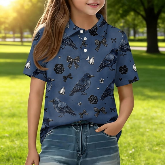 Girls School Uniform Short Sleeve Henley Cute Cartoon Animal Print T Shirts Button Closure Active Comfy Polo Shirts, 140