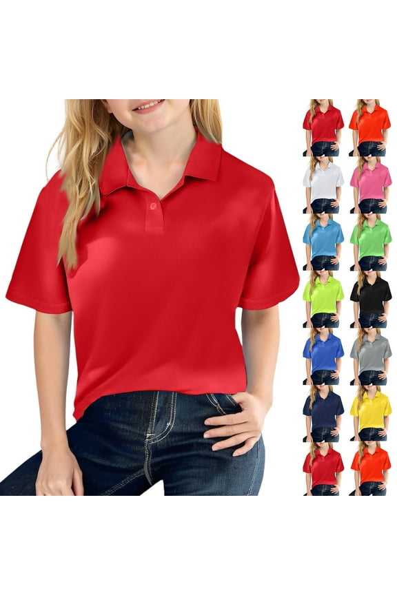 Girls' School Uniform Short Sleeve Polo Shirt, Button Closure, Comfortable & Soft Fabric Navy 120