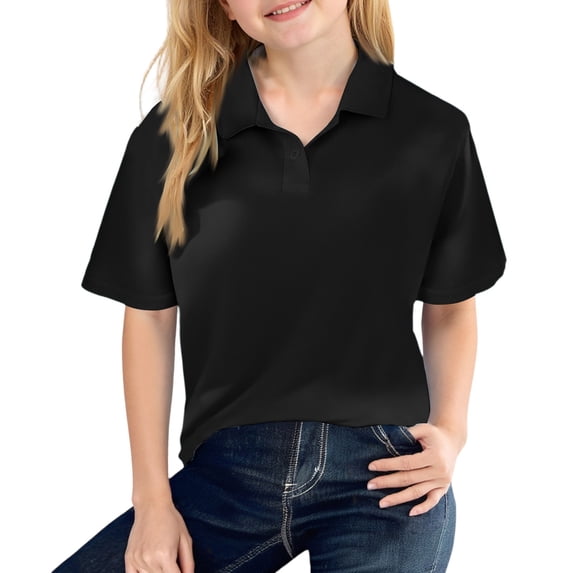 Girls School Uniform Short Sleeve Polo Shirt, Button Closure, Moisture Wicking/Performance Material, Fade Resistant Black 150