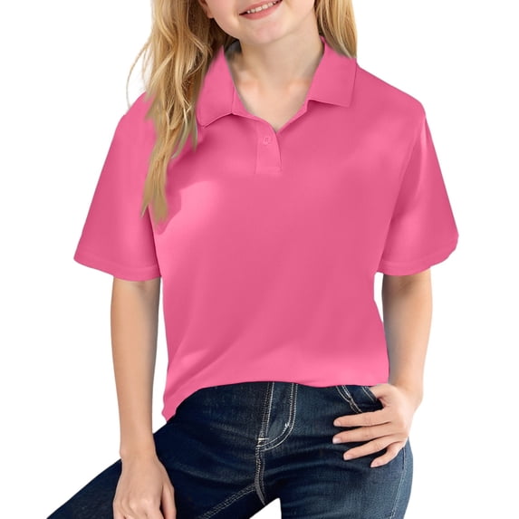 Girls School Uniform Short Sleeve Polo Shirt, Button Closure, Moisture Wicking/Performance Material, Fade Resistant Hot Pink 130