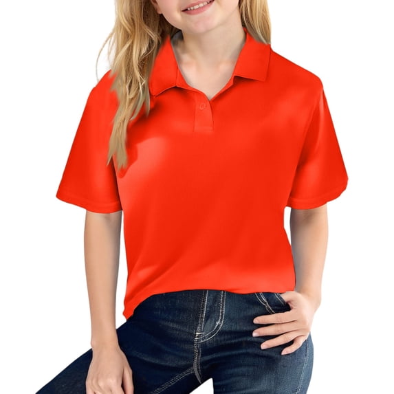 Girls School Uniform Short Sleeve Polo Shirt, Button Closure, Moisture Wicking/Performance Material, Fade Resistant Orange 150