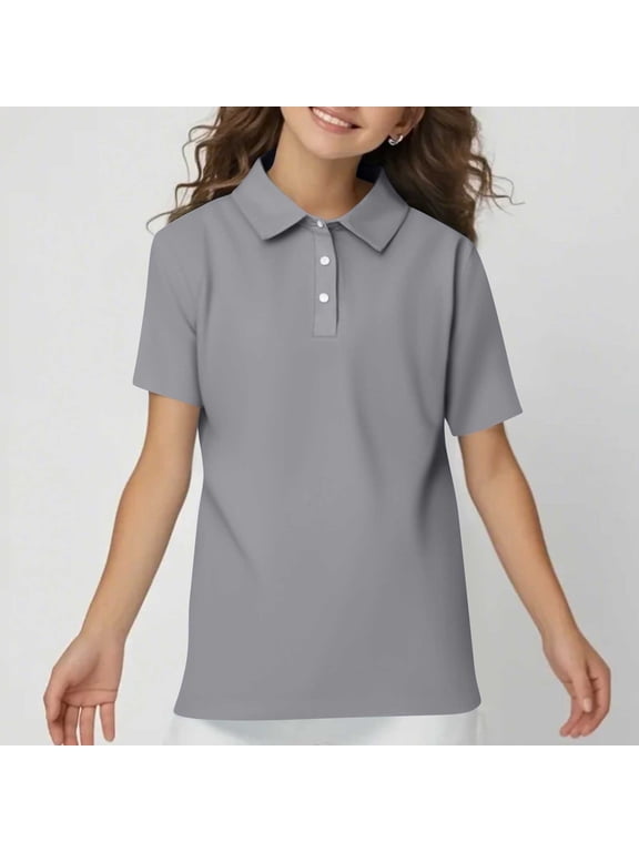Girls' School Uniform Short Sleeve Polo Shirt, Button Closure, Soft Fabric