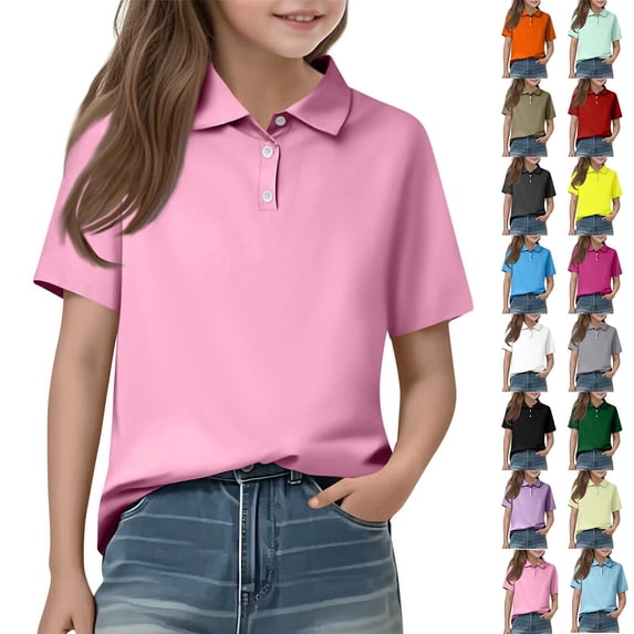 Girls' School Uniform Short Sleeve Polo Shirt, Button Closure, Soft Fabric