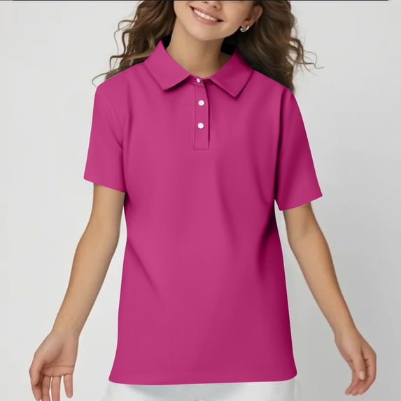 Girls' School Uniform Short Sleeve Polo Shirt, Button Closure, Soft Fabric