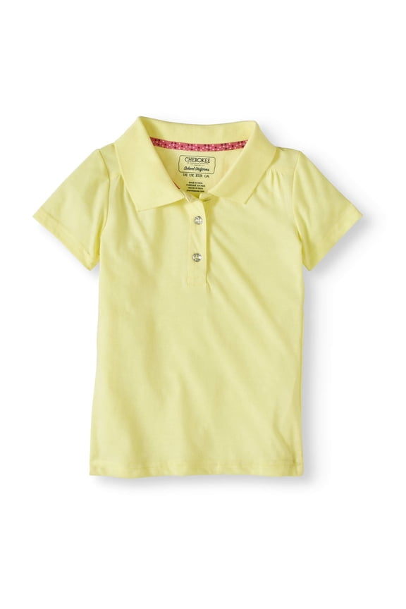 Girls' School Uniform Short Sleeve Polo With Rhinestone Buttons On Plaquet
