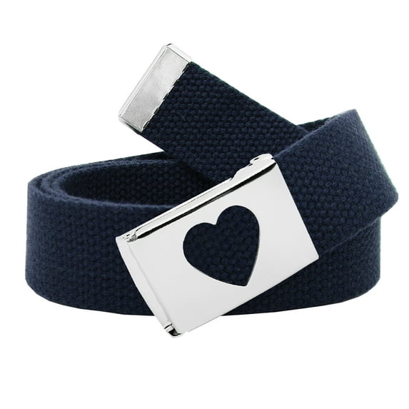 Girls School Uniform Silver Flip Top Heart Belt Buckle with Canvas Web Belt Large Navy