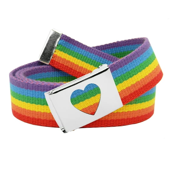 Girls School Uniform Silver Flip Top Heart Belt Buckle with Canvas Web Belt Medium Rainbow