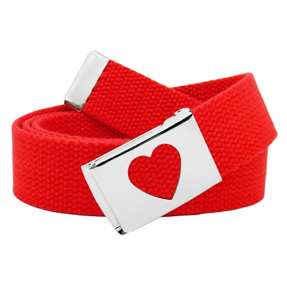 Girls School Uniform Silver Flip Top Heart Belt Buckle with Canvas Web Belt Medium Red