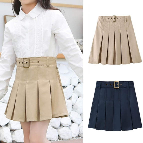 Girls School Uniform Skirt - Elastic Waist Pleated Mini Skirt - Fashion Belt Buckle back to School A-Line Skorts ,14-15 Years