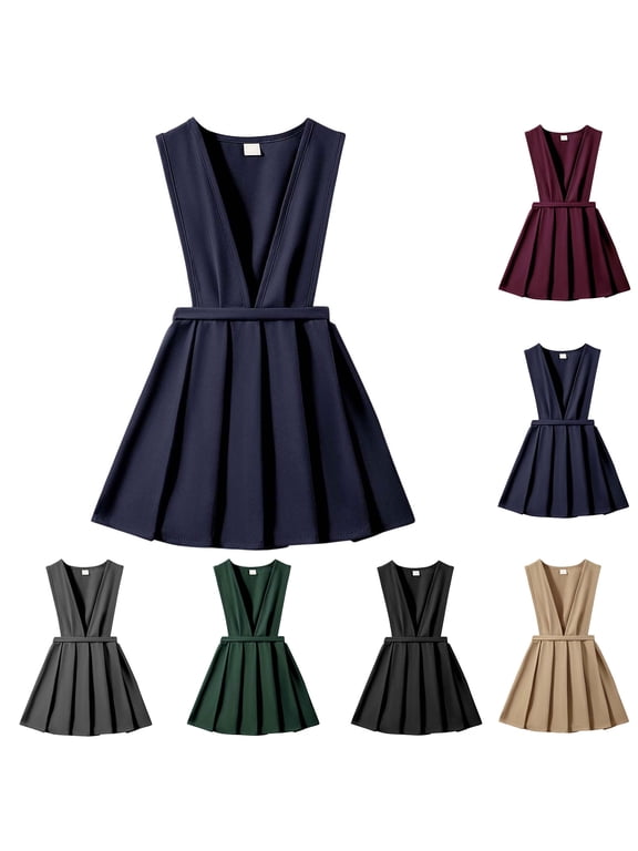 Girls' School Uniform V-Neck Jumper Dress Pleated Pull-on Scooter Skirt (Blue 4-5 Years)