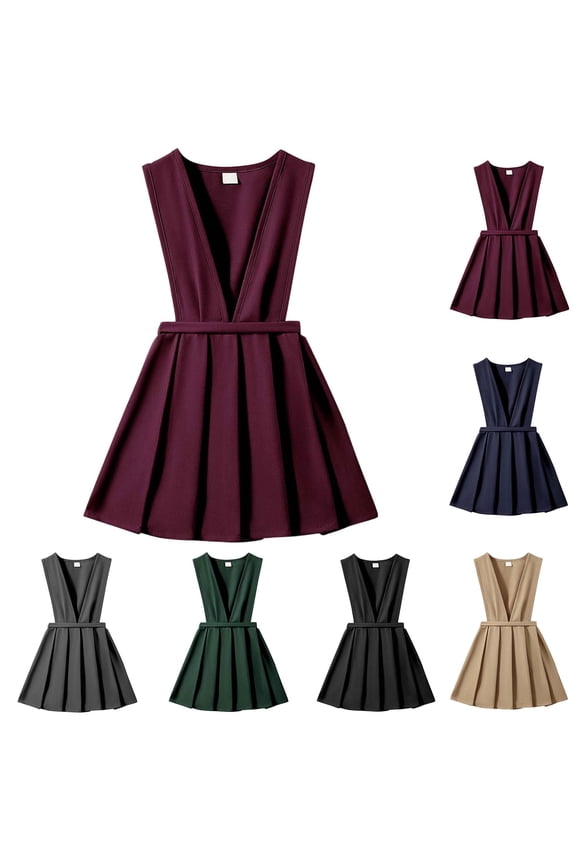 Girls' School Uniform V-Neck Jumper Dress Pleated Pull-on Scooter Skirt (Red 12-13 Years)