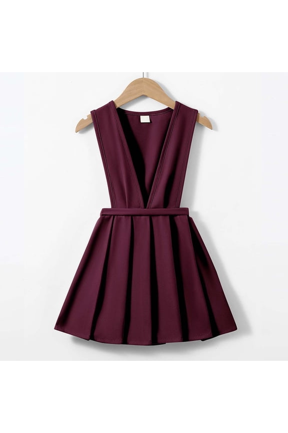 Girls' School Uniform V-Neck Jumper Dress Pleated Pull-on Scooter Skirt (Red 3-4 Years)