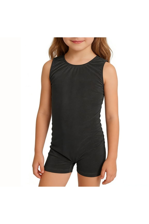 Girls Seamless Crew Neck Sleeveless Dance Leotard with Built in Shorts Above Knee Workout Gymnastics Unitard for Training Black 4 Years-5 Years